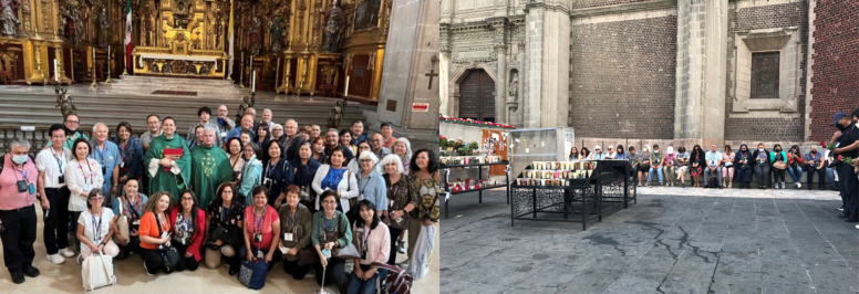 The 2022 pilgrimage was intended to be a part of Bishop Rojas’ silver jubilee year celebrating 25 years of priesthood, but ultimately, he had to remain at home while the pilgrims embarked on their journey. LEFT: Pilgrims at the Metropolitan Cathedral during the 2022 pilgrimage. RIGHT: Pilgrims praying the Rosary outside the Basilica of Our Lady of Guadalupe (2022). 